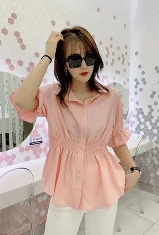 2023夏季女装新款时尚短袖衬衫上衣收腰显瘦洋气衬衣女式别致小衫商品大图