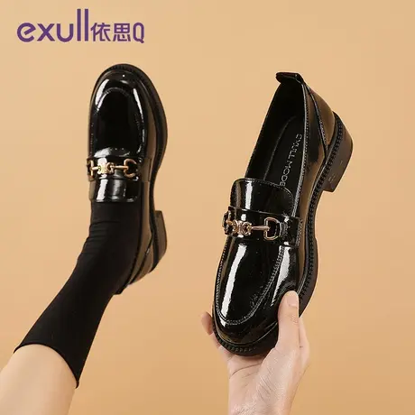 exull/依思Q英伦风2023冬季新款平底女鞋浅口小皮鞋单鞋粗跟底鞋图片