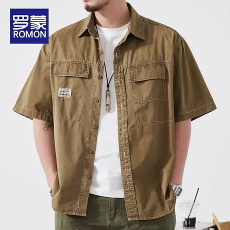 罗蒙短袖衬衫男夏季薄款宽松休闲工装上衣服外套纯棉青少年衬衣男图片
