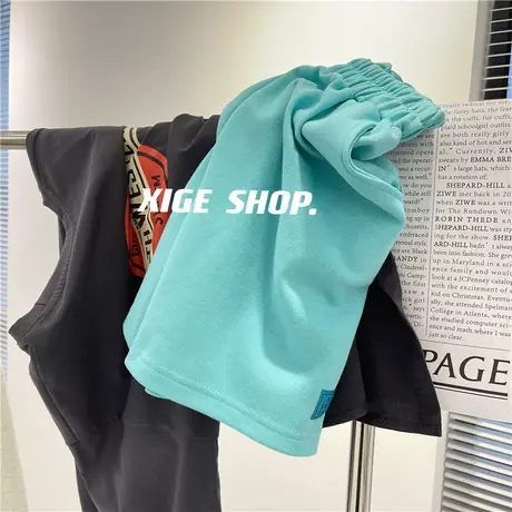 绿色珠地运动短裤女夏撞色字母贴布设计感宽松阔腿休闲五分中裤薄商品大图