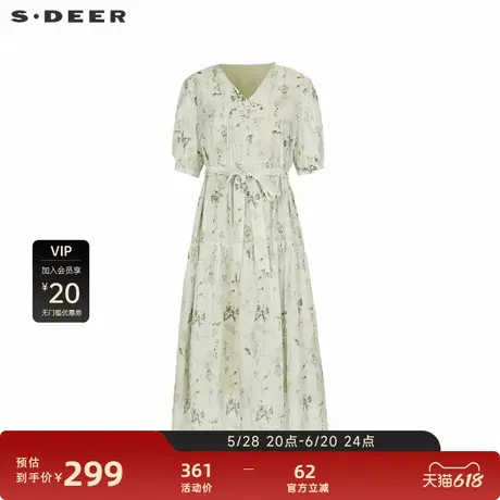 S·DEER圣迪奥女装V领盘扣碎花收腰新中式连衣裙S242Z12R7图片