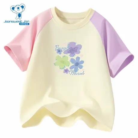 PV真维斯童装2025夏季新款 潮牌时尚印花撞色鸳鸯袖女童短袖T恤图片