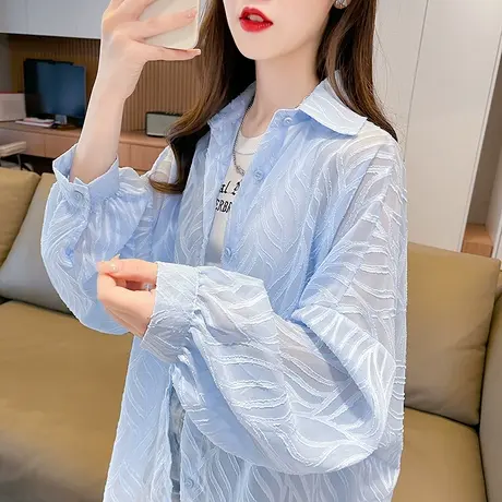 户外骑车透气冰丝薄款雪纺衬衫女夏季韩版宽松大码女装防晒衣外套商品大图