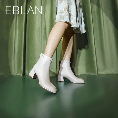 伊伴2022秋冬女鞋粗跟后拉链短靴小香风瘦瘦女靴纯色铆钉时装靴女图片