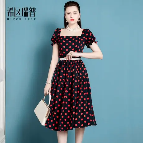 希区瑞普高端复古连衣裙女夏季法式淑女时尚气质红色波点裙子图片