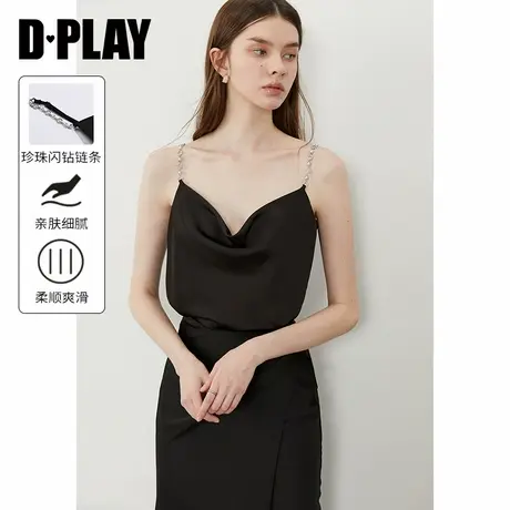 DPLAY2025年夏季黑色新款法式吊带背心女气质独特修身缎面上衣图片