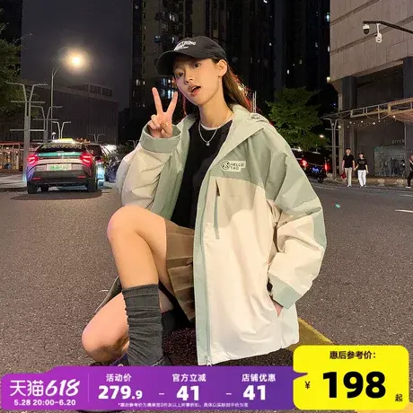 唐狮冬季新款连帽拼接工装外套女加厚保暖宽松休闲运动风上衣W1商品大图