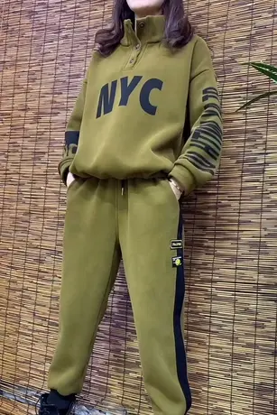 加绒加厚印花卫衣+哈伦裤两件套女ins潮秋冬新款宽松休闲运动套装商品大图