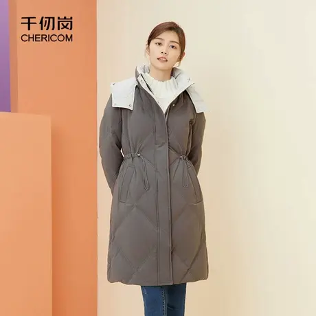 千仞岗秋冬女士中长款收腰修身显瘦时尚连帽气质羽绒服I商品大图