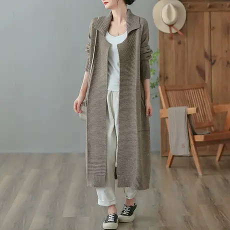 dza 复古翻领棉线针织开衫女秋季中长款毛衣外套宽松袍子休闲上衣图片