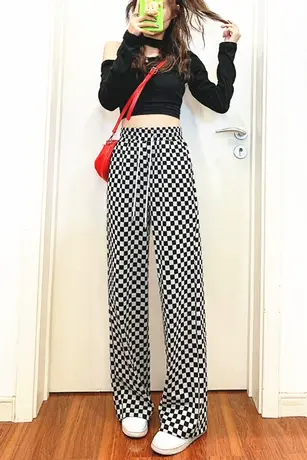 黑白格子裤女春秋2023新款棋盘格裤子宽松垂感运动休闲阔腿裤夏季图片