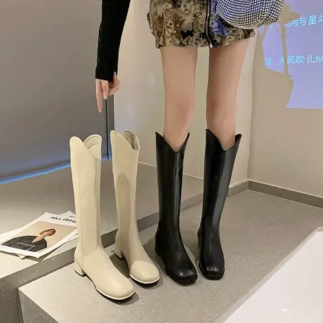 永希西部牛仔靴女夏季2023年新款超火大码复古粗跟法式不过膝长靴图片