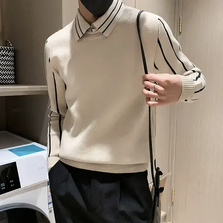 毛衣假两件男秋冬个性ins痞帅修身条纹拼接衬衫领休闲上衣针织衫商品大图