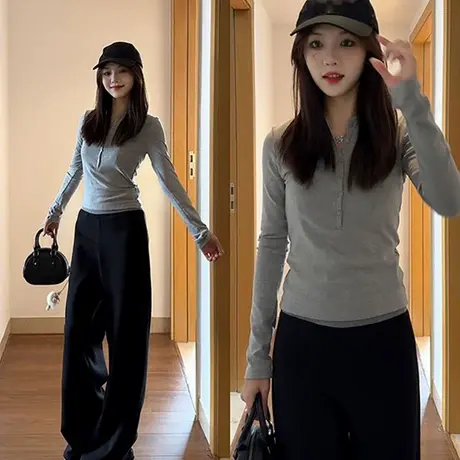 纽扣半开领长袖T恤女春秋修身韩版内搭打底衫设计感小众短款上衣图片