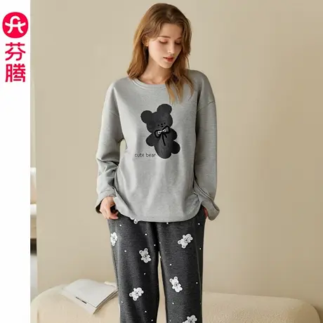 芬腾睡衣女士纯棉春秋季长袖长裤套装韩版可爱休闲大码家居服秋天商品大图