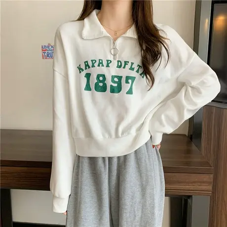 Polo领卫衣女春秋季薄款宽松韩版显瘦百搭长袖半拉链短款上衣外套商品大图