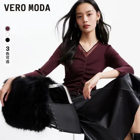 Vero Moda奥莱针织衫毛衣女春秋新款优雅修身抽绳网纱拼接上衣图片