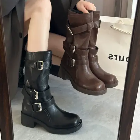 中筒马丁靴女款2025新款秋季英伦风皮带扣西部牛仔厚底粗跟短靴子商品大图