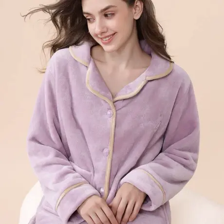 珊瑚绒睡衣女秋冬款开衫翻领加绒加厚法兰绒家居服保暖套装可外穿商品大图