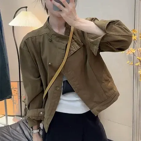 韩系复古咖色外套女2025秋季新款小众宽松立领工装夹克上衣女潮商品大图