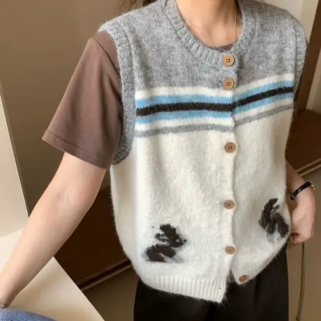 学院风卡通刺绣针织马甲开衫女秋季新款圆领无袖坎肩毛衣背心外穿商品大图