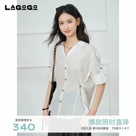 莱赛尔LAGOGO收腰设计衬衫女拉谷谷2025秋新款V领上衣OCCC337C15图片