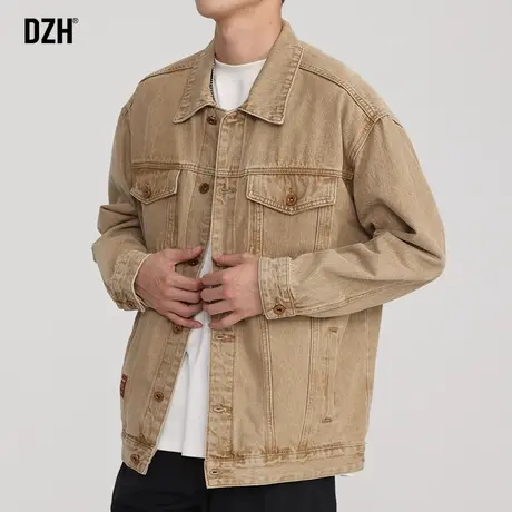 男士工装牛仔外套男春秋潮高级感痞帅卡其色夹克上衣男装2023新款商品大图