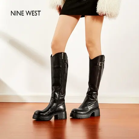 Nine West/玖熙v口厚底长筒靴女冬新款真皮增高骑士靴加绒棉鞋商品大图