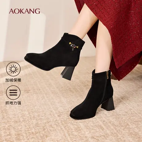 奥康 女鞋2025冬季跟短靴方头粗跟时装女靴加绒马丁靴女门店发货图片