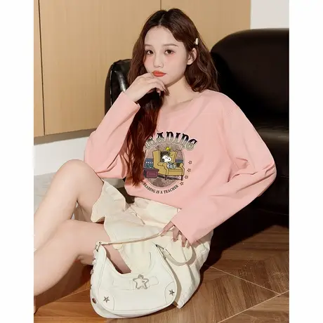 【史努比联名款】唐狮春秋季新款女T恤洋气显瘦时尚粉色圆领TE图片