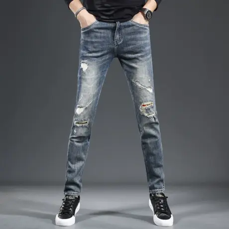 秋季破洞牛仔裤男修身小脚2023新款复古水洗蓝色补丁帅气裤子男商品大图