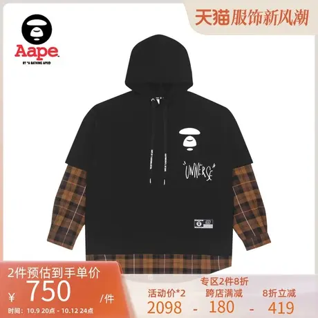 Aape旗舰店男装秋冬印花格纹衬衫拼接加绒假两件卫衣3848XXH图片