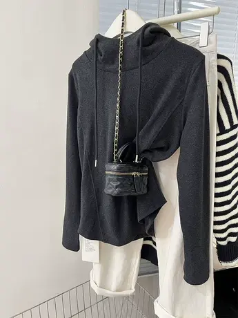 连帽长袖t恤女秋冬2023新款德绒双面绒加绒打底衫宽松上衣女外套商品大图