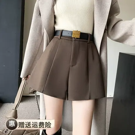 2023秋冬新款咖啡毛呢西装阔腿短裤女韩版高腰显瘦百搭外穿靴裤子图片
