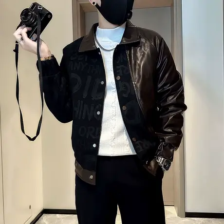 秋冬拼皮夹克男防风加厚机车服爆款小众痞帅炸街设计感棉衣外套图片