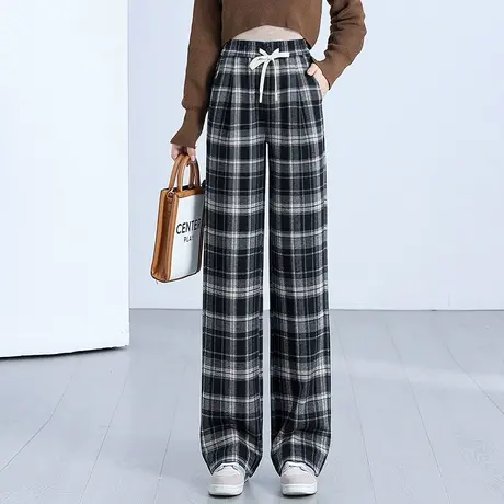 时尚百搭格子阔腿裤女2023年秋冬新款厚款宽松显瘦垂感休闲裤商品大图