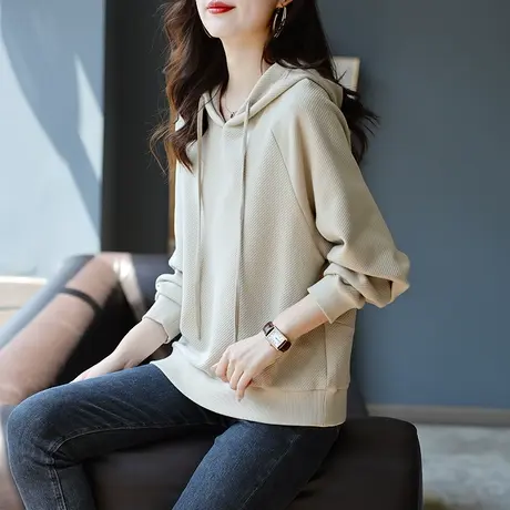 宝诗黎纯色螺纹连帽长袖卫衣女2023新款休闲简约宽松秋季套头上衣商品大图