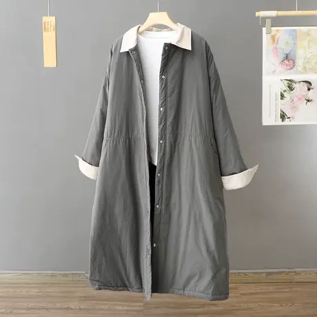 复古文艺中长款过膝外套棉衣女装宽松大码慵懒风加厚翻领棉袄棉服图片