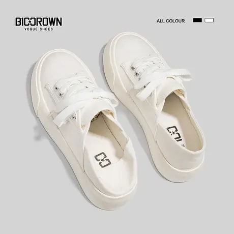 Betoo 帆布鞋女春秋款透气2022新款两穿半拖一脚蹬小白鞋子ins潮商品大图