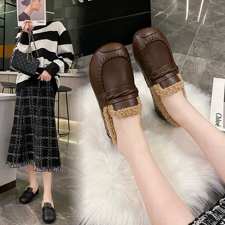 加绒厚底一脚蹬乐福鞋子女秋冬2023年新款百搭棉鞋毛毛鞋外穿单鞋商品大图