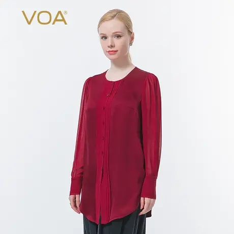 VOA真丝40姆米重磅双面缎乔其拼接圆领衬衫袖下摆开叉桑蚕丝衬衫图片