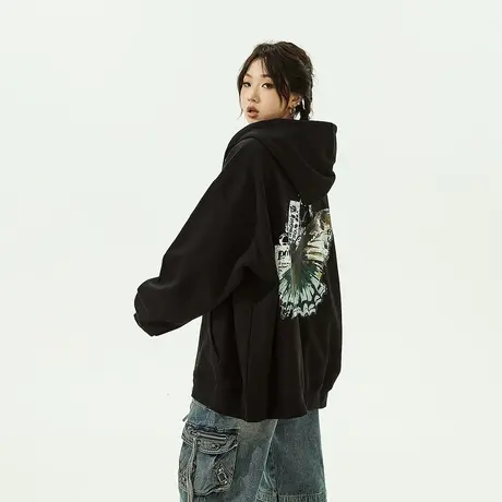 YEP美式复古连帽卫衣女春秋2023年新款潮牌印花宽松拉链开衫外套商品大图