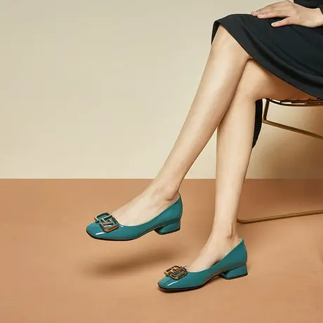 夏季新款浅口漆皮低跟粗跟妈妈鞋绿色方头复古真皮单鞋女皮鞋商品大图