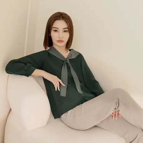 桔熊秋冬通勤优雅舒适不易皱v领绑结长袖上衣女胖妹妹大码AB19157图片