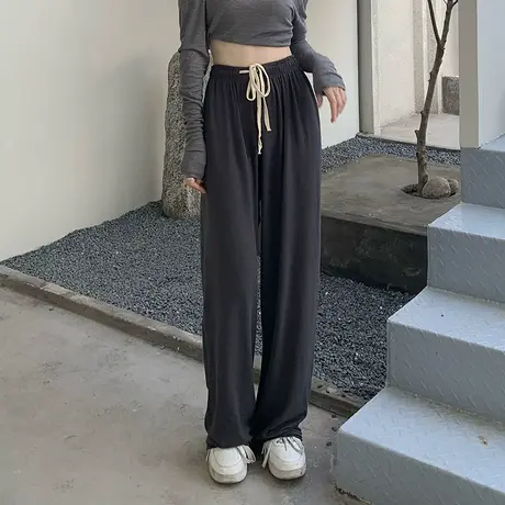 灰色冰丝阔腿裤女夏季薄款高腰垂感休闲裤宽松显瘦百搭直筒拖地裤商品大图