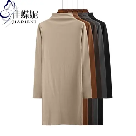 秋冬季新款韩版半高领修身中长款体恤长袖女装打底纯色纯棉连衣裙商品大图