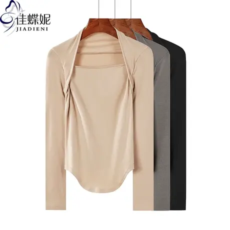 秋季新款韩版纯棉修身显瘦纯色短款燕尾摆包肩领长袖体恤上衣女装商品大图