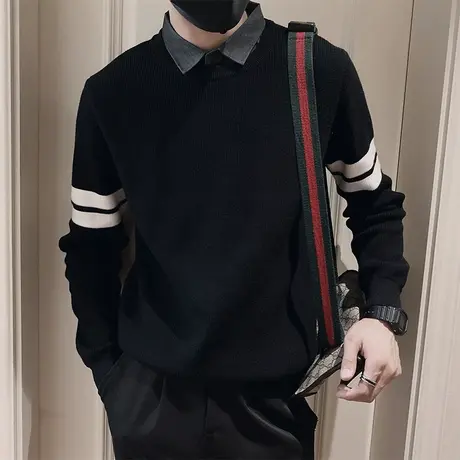 毛衣假两件男秋冬季新款潮牌小众高级感休闲条纹拼接衬衫领针织衫商品大图