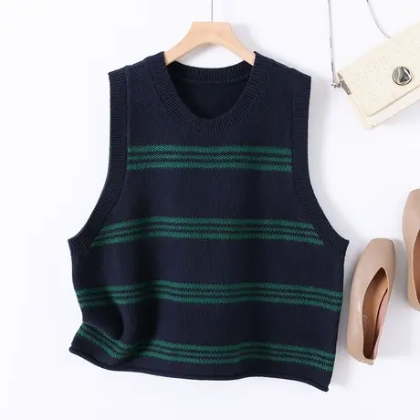 2023春季新款韩版宽松圆领无袖条纹针织衫马甲背心套头毛衣女上衣图片