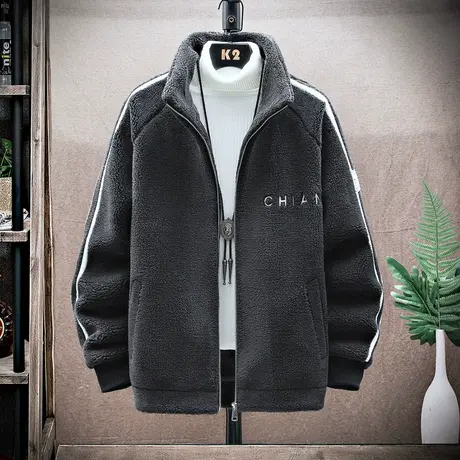 摇粒绒外套男士秋季新款立领夹克潮牌青少年潮流百搭羊羔毛绒秋装商品大图